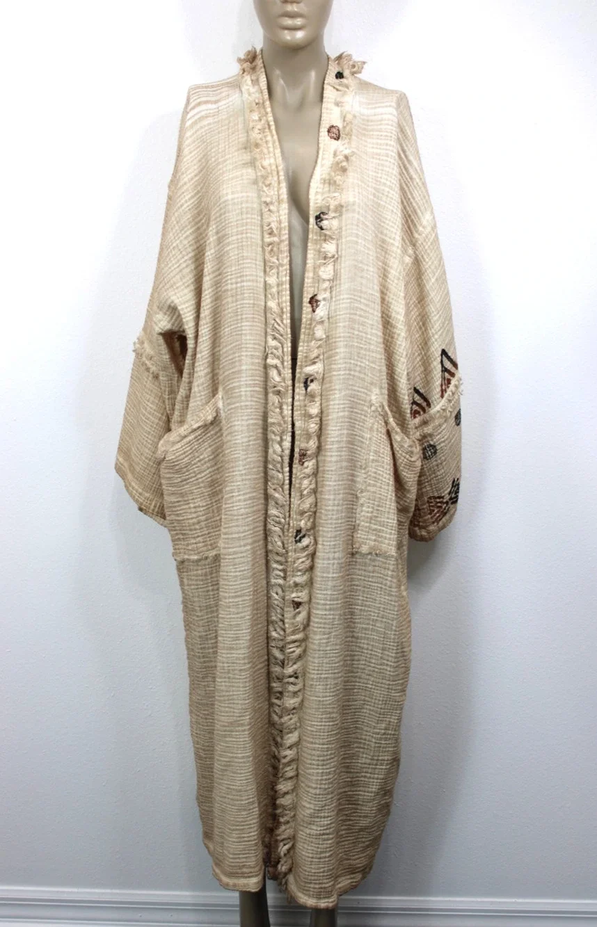 IKIKIZ Kimono Duster Women's OS Crinkle Cotton Cardigan Robe Tribal Missing Belt